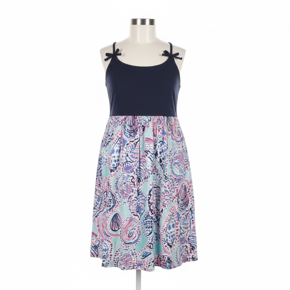Lilly Pulitzer Dress Girls Size‎ L 8-10 Navy Blue Pink Shell Print Summer Cruise